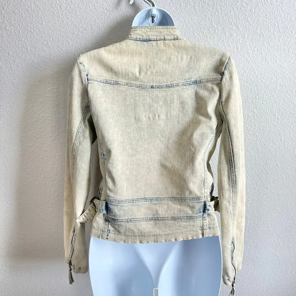 IRO Moto Bleached Acid Wash Denim Jacket Women's XS Pockets Jean Stretch